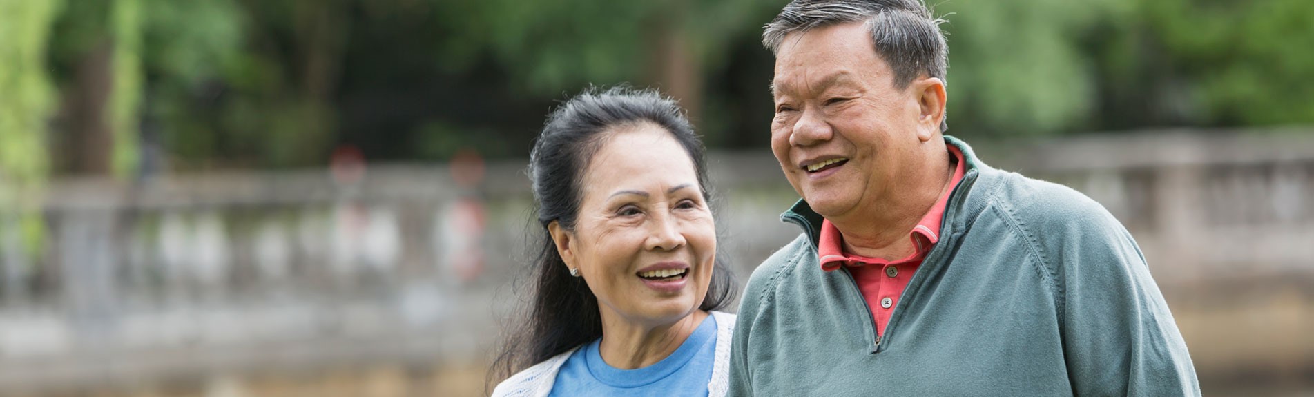 Happy Senior Couple Walking In Park