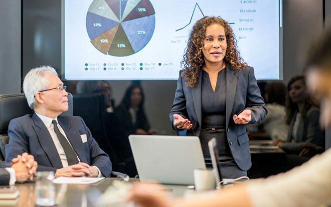 Woman Presents To Financial Businesspeople